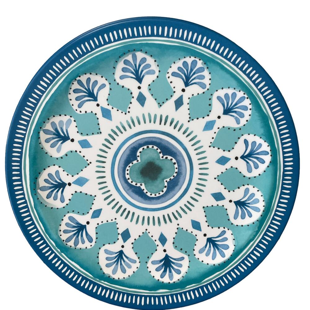 ACADIA HOME Melamine 10.5" Dinner Plates Set 4 Blue Teal White Iznik Print NEW - Picture 5 of 8